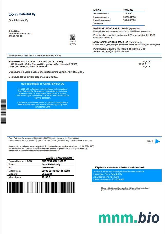 Finlandia Oomi Palvelut Oy szablon rachunku za energię elektryczną w formacie Word i PDF